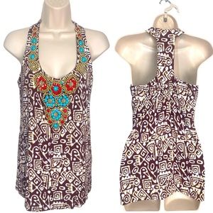 Boston Proper Embellished Islander Bohemian Racerback tank w shelf bra sz S